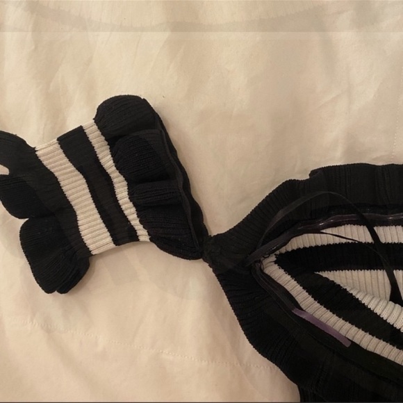 LF Black & White Striped Ribbed Off - The - Shoulder Top - Picture 4 of 4